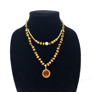 Tigers Eye Faceted Stone Bead Two Strand Gold Tone Necklace Pendant Statement